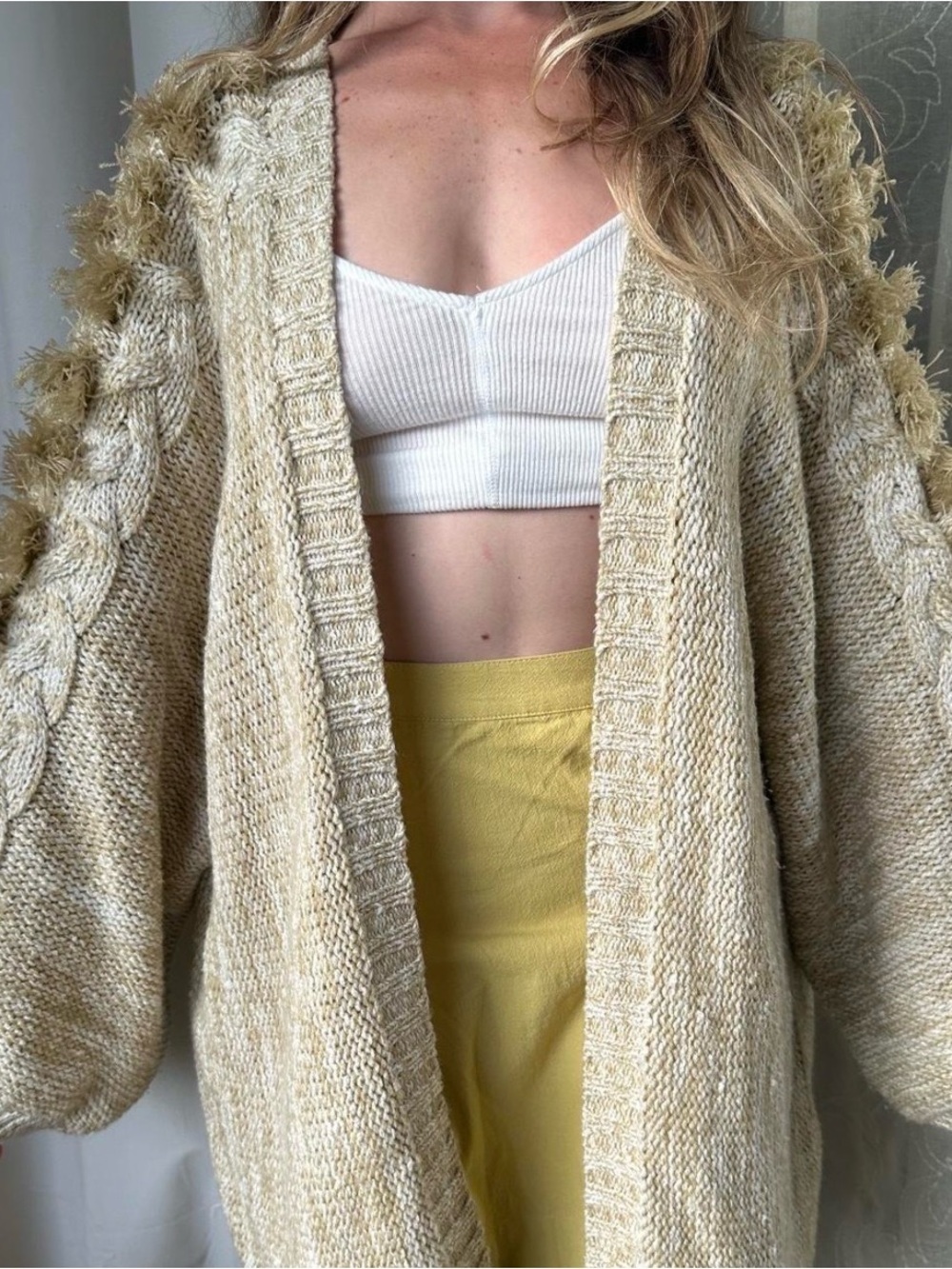 Anthropologie Neutral Fringe-Trim Open Knit Cardigan One Size